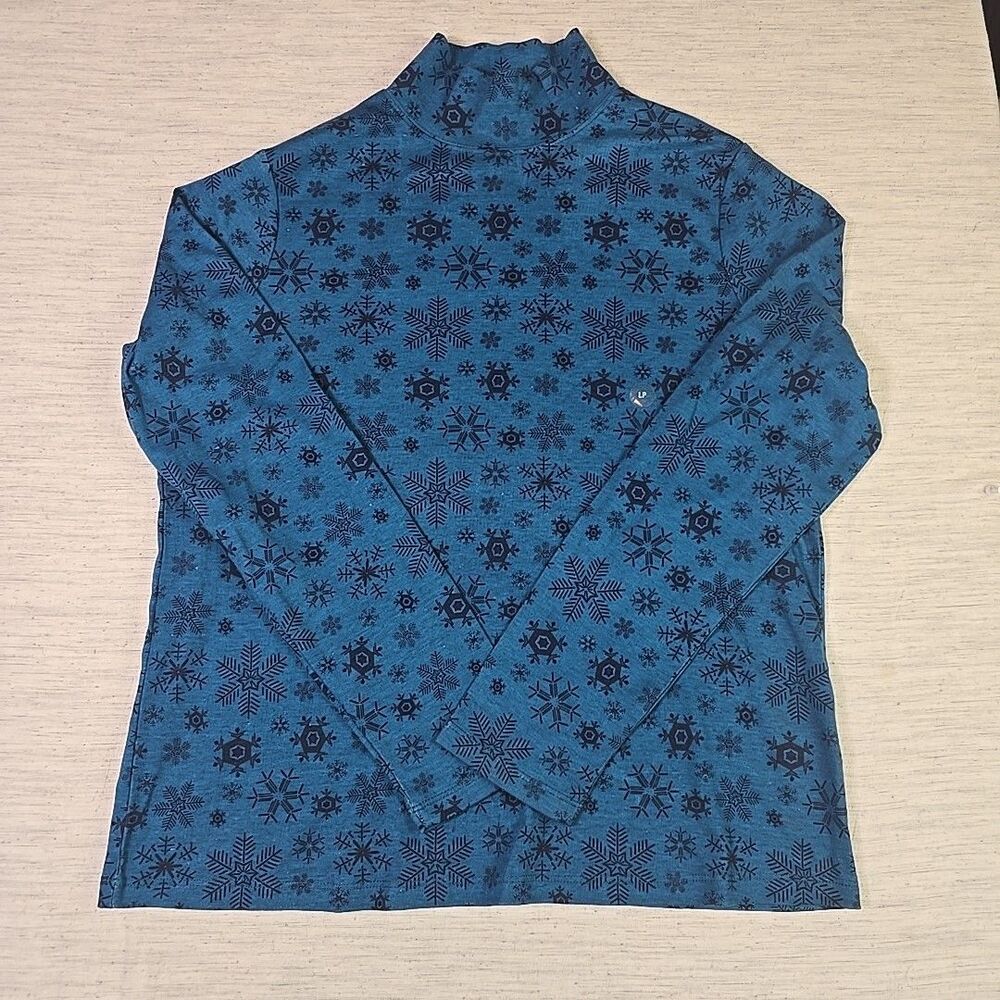 Laura Scott Petite L Blue Snowflake Mock Neck Long Sleeve Winter Top Women’s